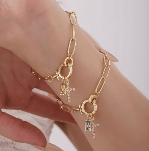 Paperclip Cross Birthstone Charm Bracelet - Penny Lee Tennessee