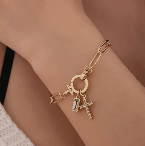 Paperclip Cross Birthstone Charm Bracelet - Penny Lee Tennessee