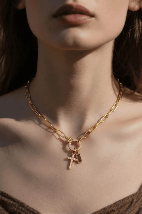 Paperclip Cross Birthstone Charm Necklace - Penny Lee Tennessee