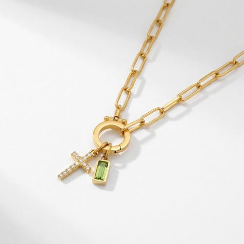 Paperclip Cross Birthstone Charm Necklace - Penny Lee Tennessee